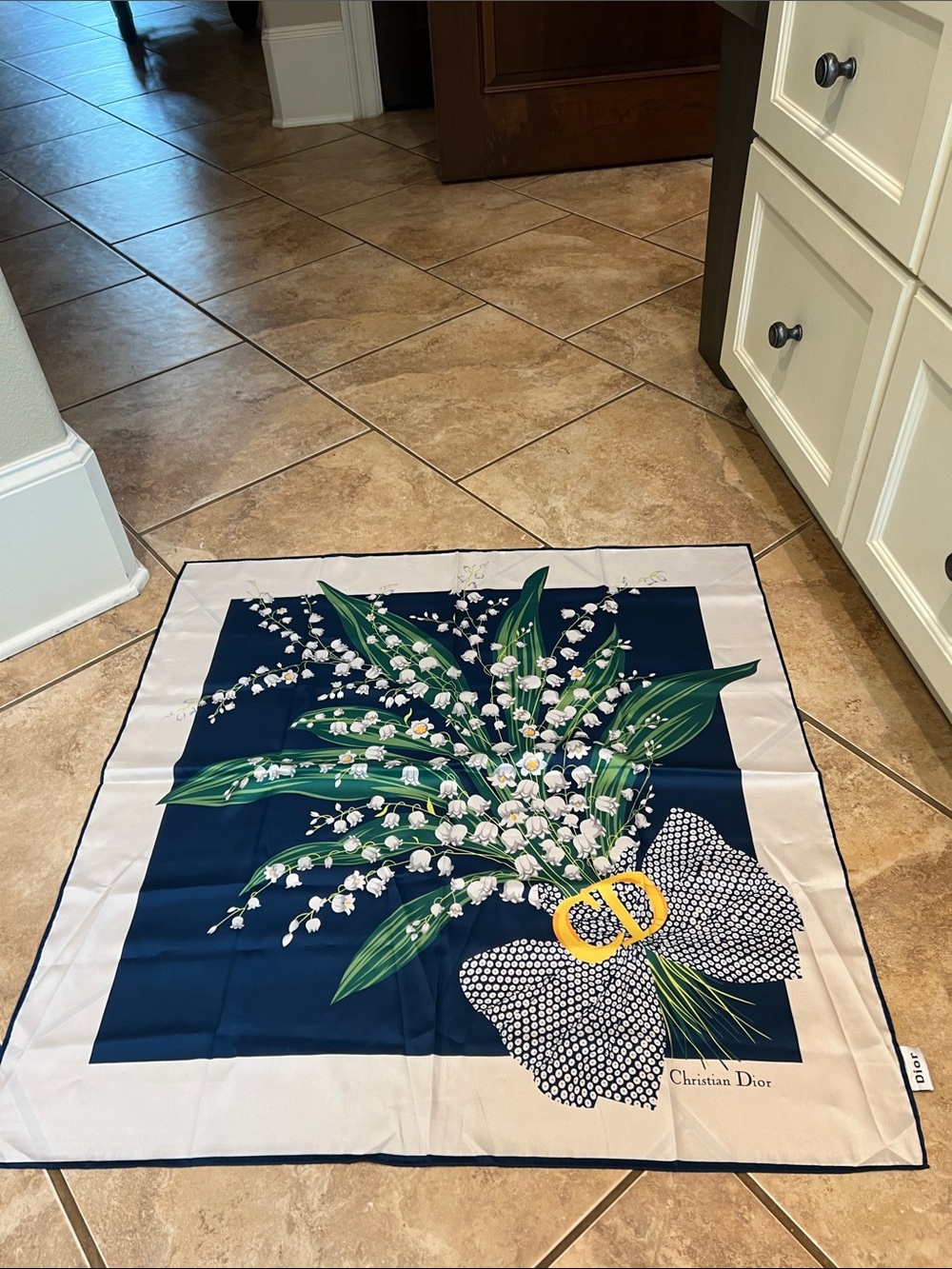 Dior Floral Lily of the Valley Silk Scarf in Navy, White, Green, Yellow